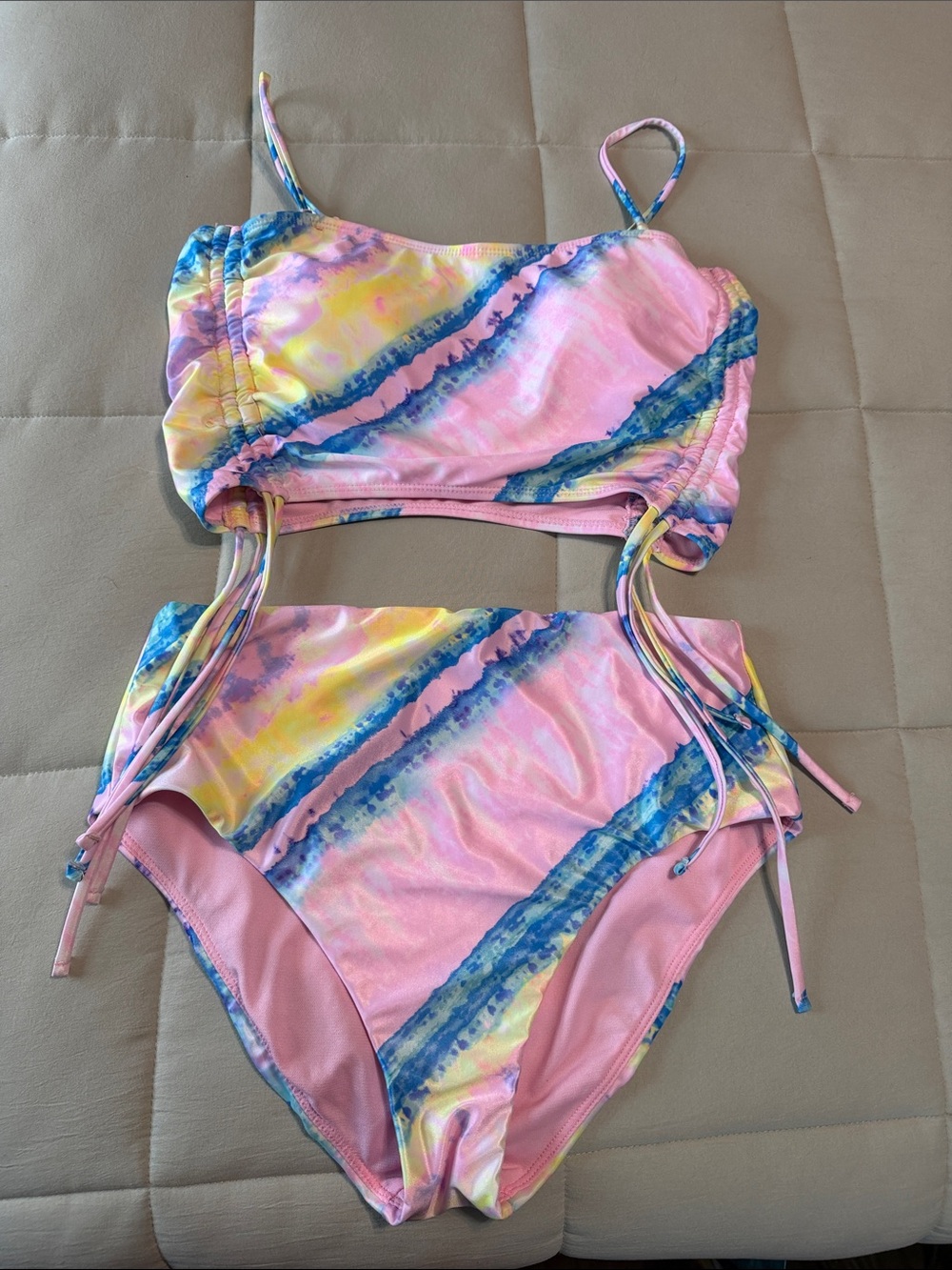 Pastel Tie-Dye Pink Blue Yellow High-Waist Bikini Bathing Suit